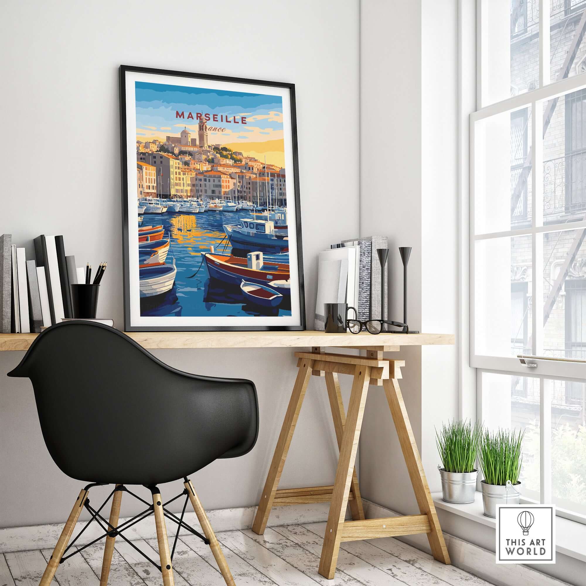 Marseille France Art Print - Old Port Poster, Cityscape Wall Decor displayed in a stylish interior with a desk and natural light.