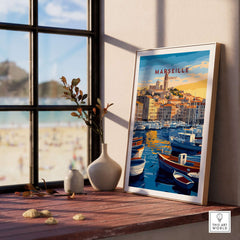 Marseille France Art Print - Old Port Poster, Cityscape Wall Decor featuring Vieux-Port boats and historic architecture.
