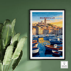 Marseille France Art Print - Old Port Poster, Cityscape Wall Decor featuring the iconic Vieux-Port and boats.