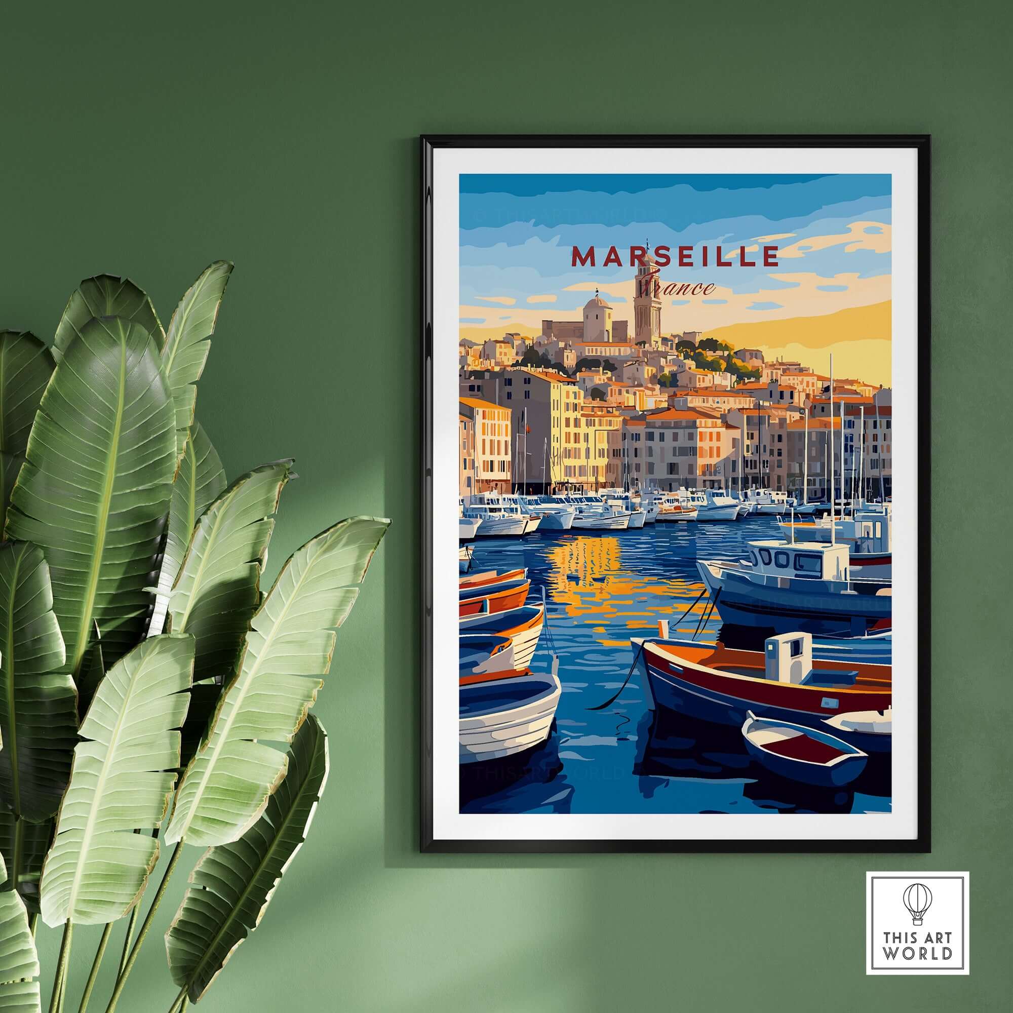 Marseille France Art Print - Old Port Poster, Cityscape Wall Decor featuring the iconic Vieux-Port and boats.