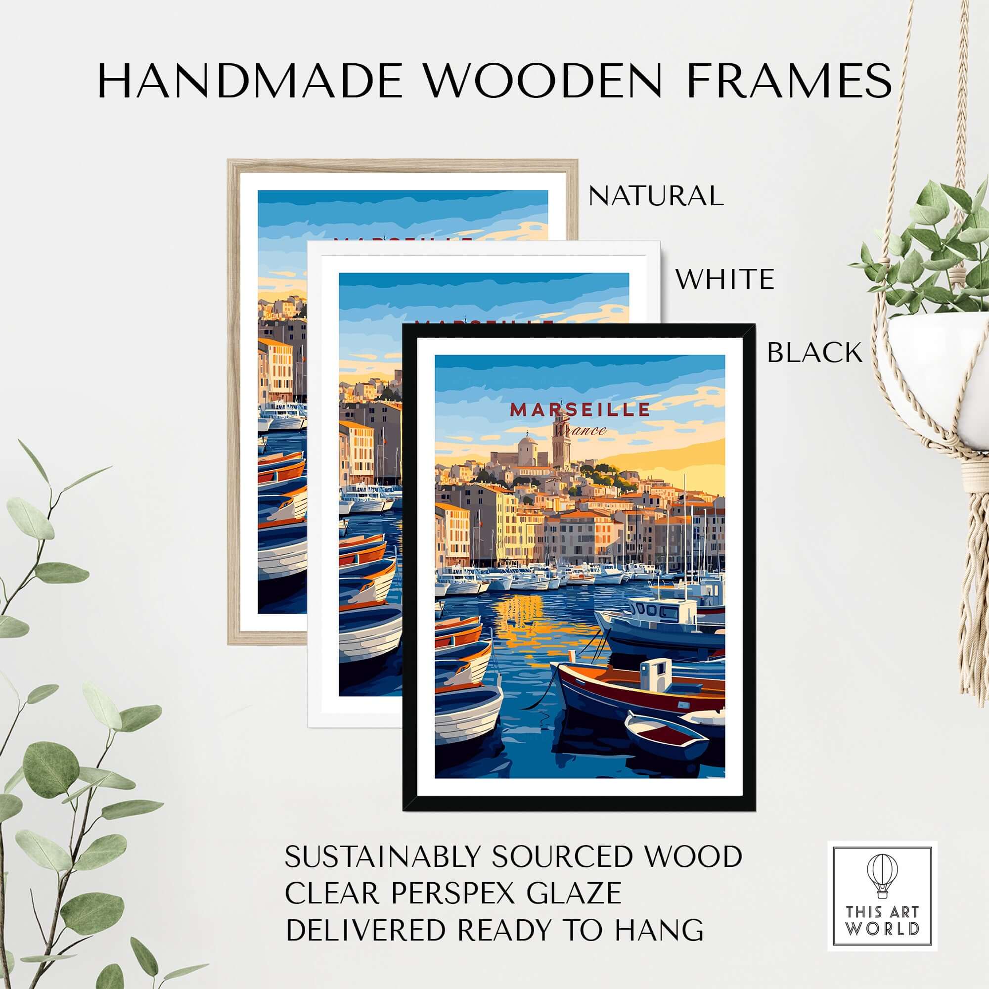 Marseille France Art Print - Old Port Poster, Cityscape Wall Decor displayed in handmade wooden frames.