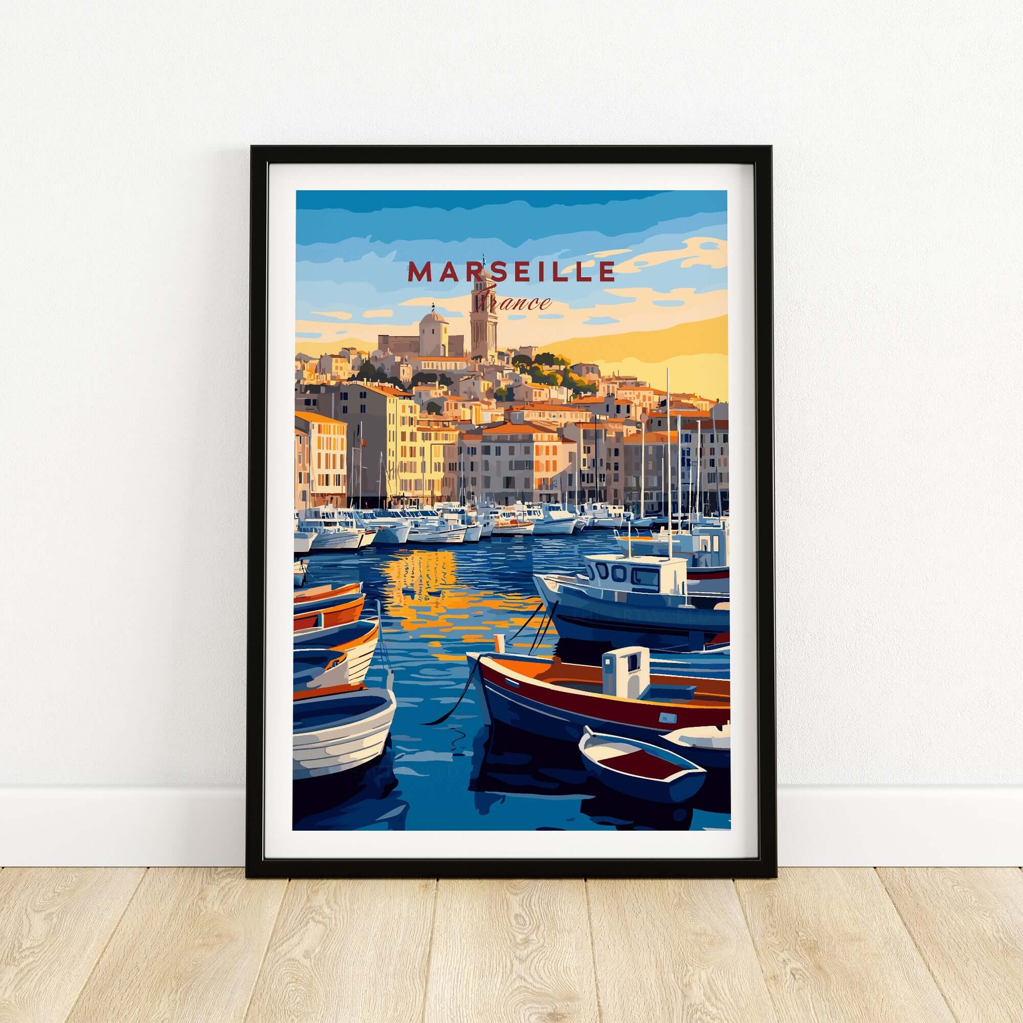 Marseille France Art Print - Old Port Poster, Cityscape Wall Decor featuring boats in Vieux-Port.
