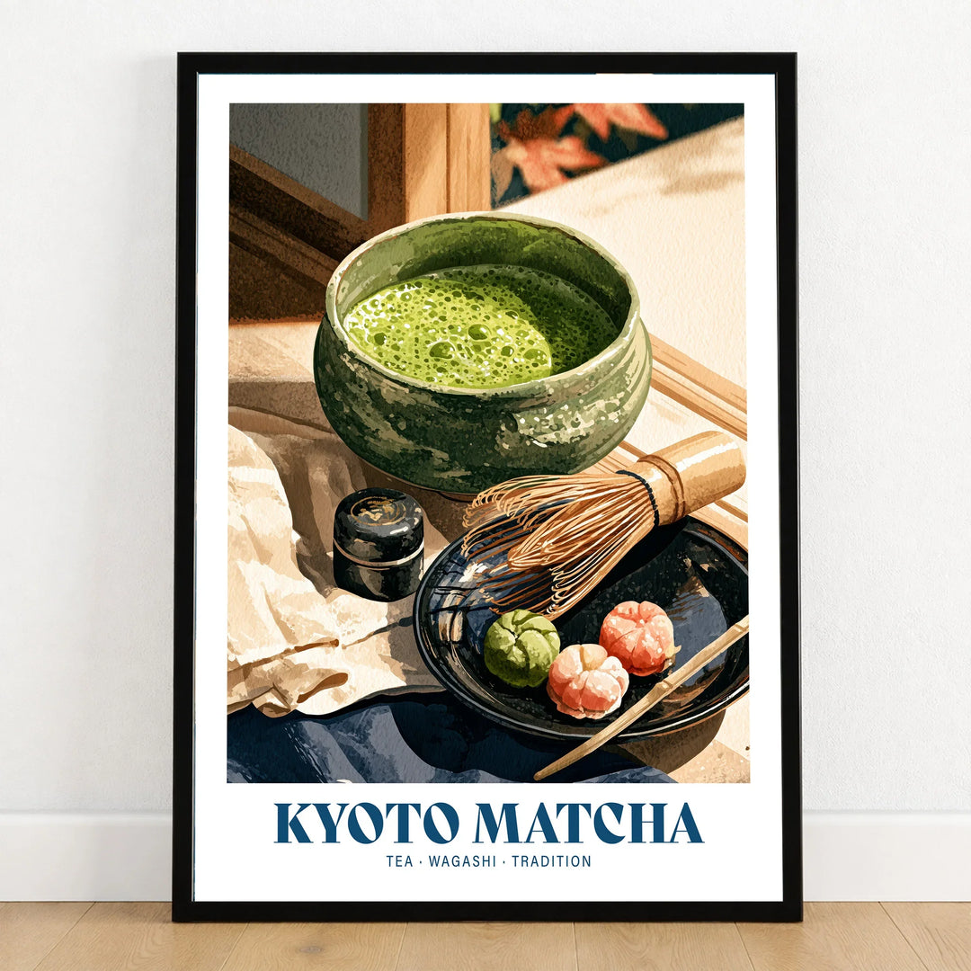 Kyoto Matcha Japanese Kitchen Wall Art - art print in black frame on wooden floor
