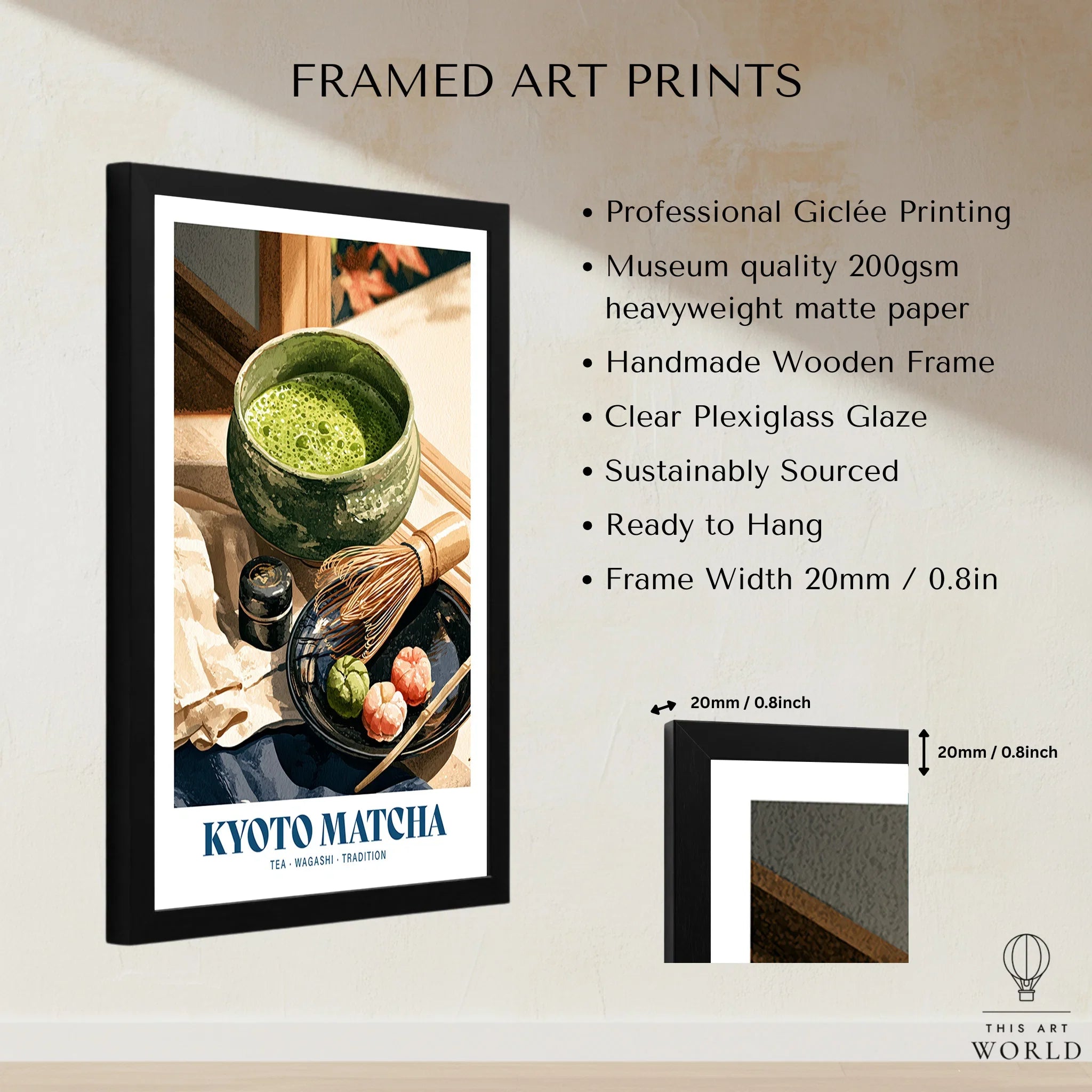 Kyoto Matcha Japanese Kitchen Wall Art - framed print details measurements quality details