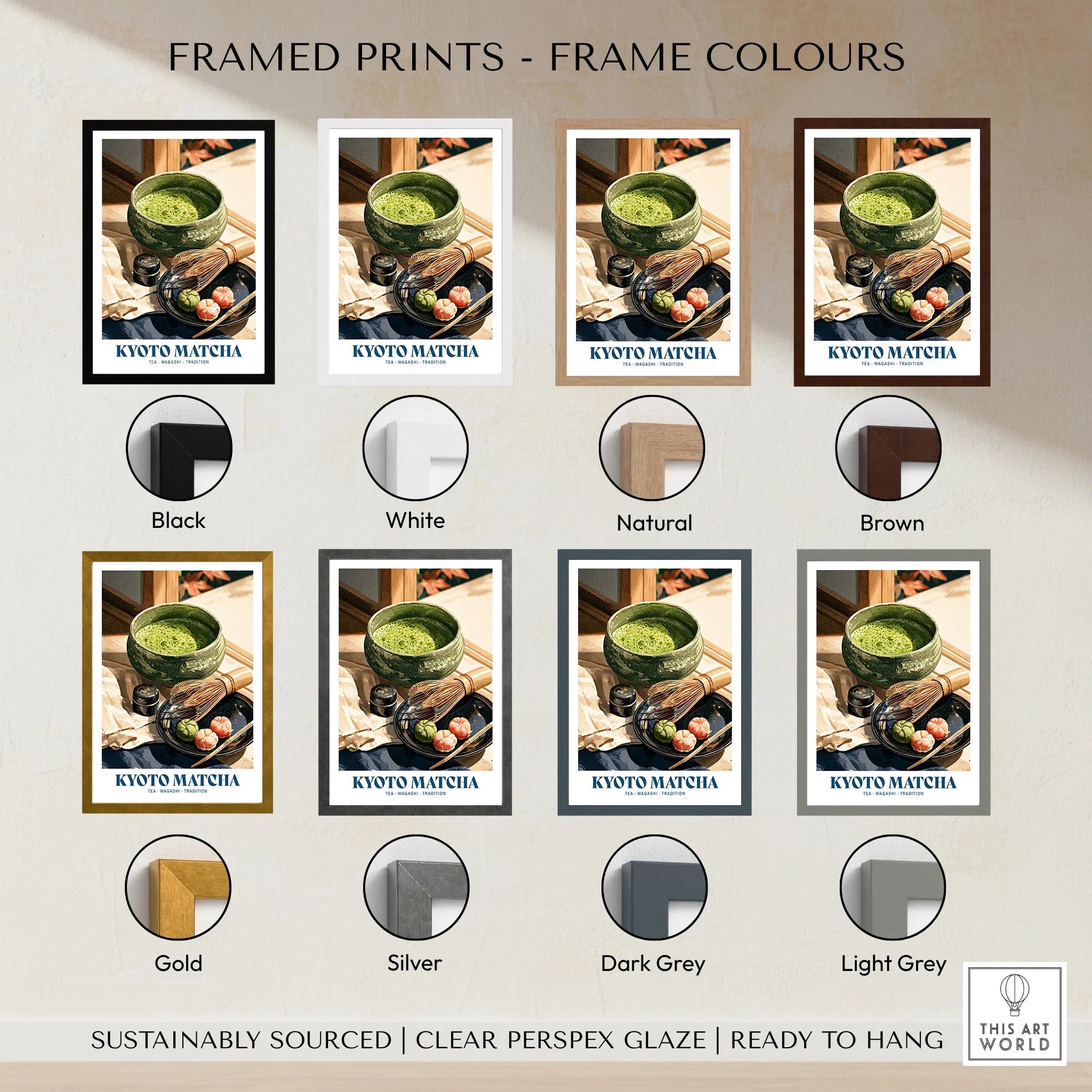 Kyoto Matcha Japanese Kitchen Wall Art - framed print colour options
