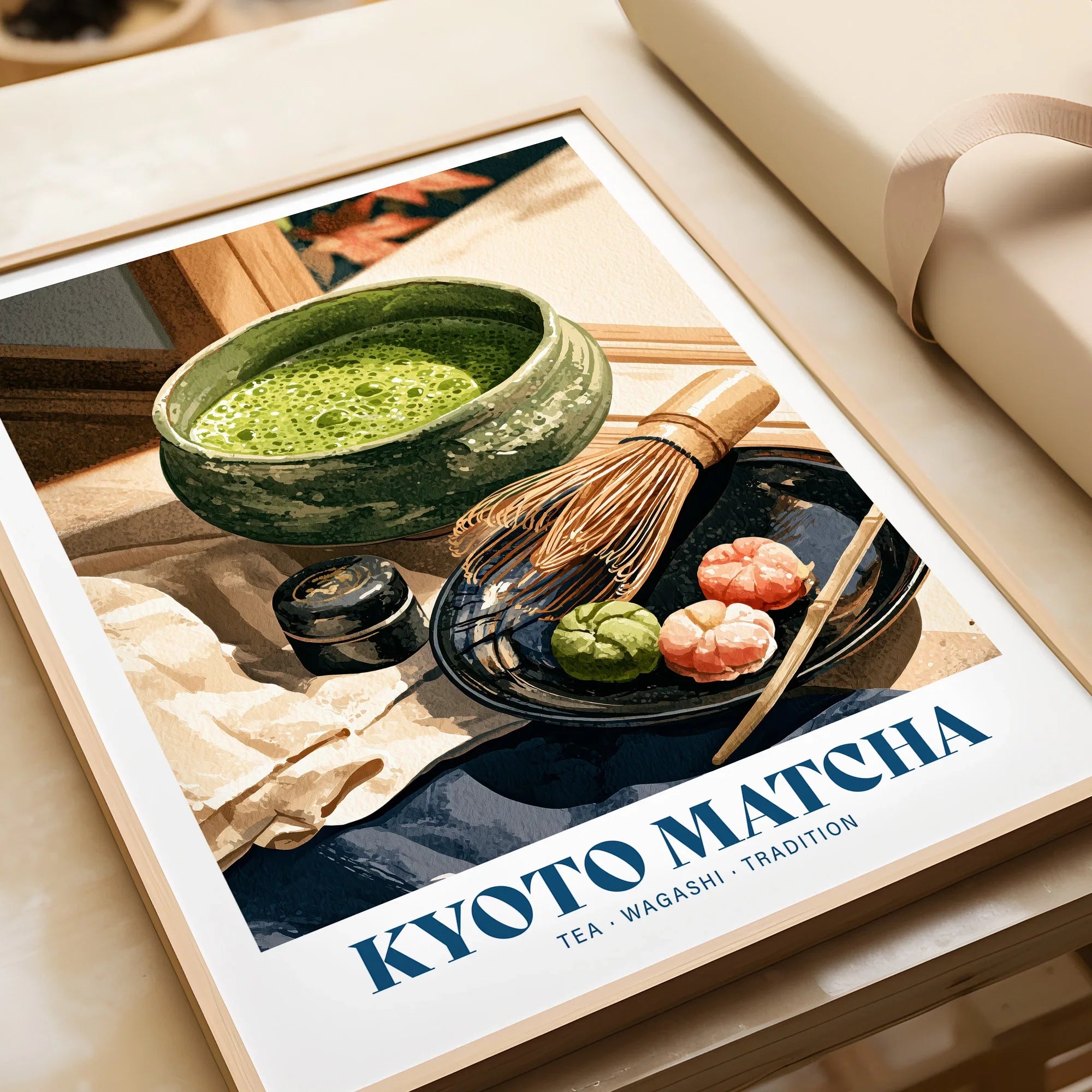 Kyoto Matcha Japanese Kitchen Wall Art - framed art print closeup gift unwrapped natural frame