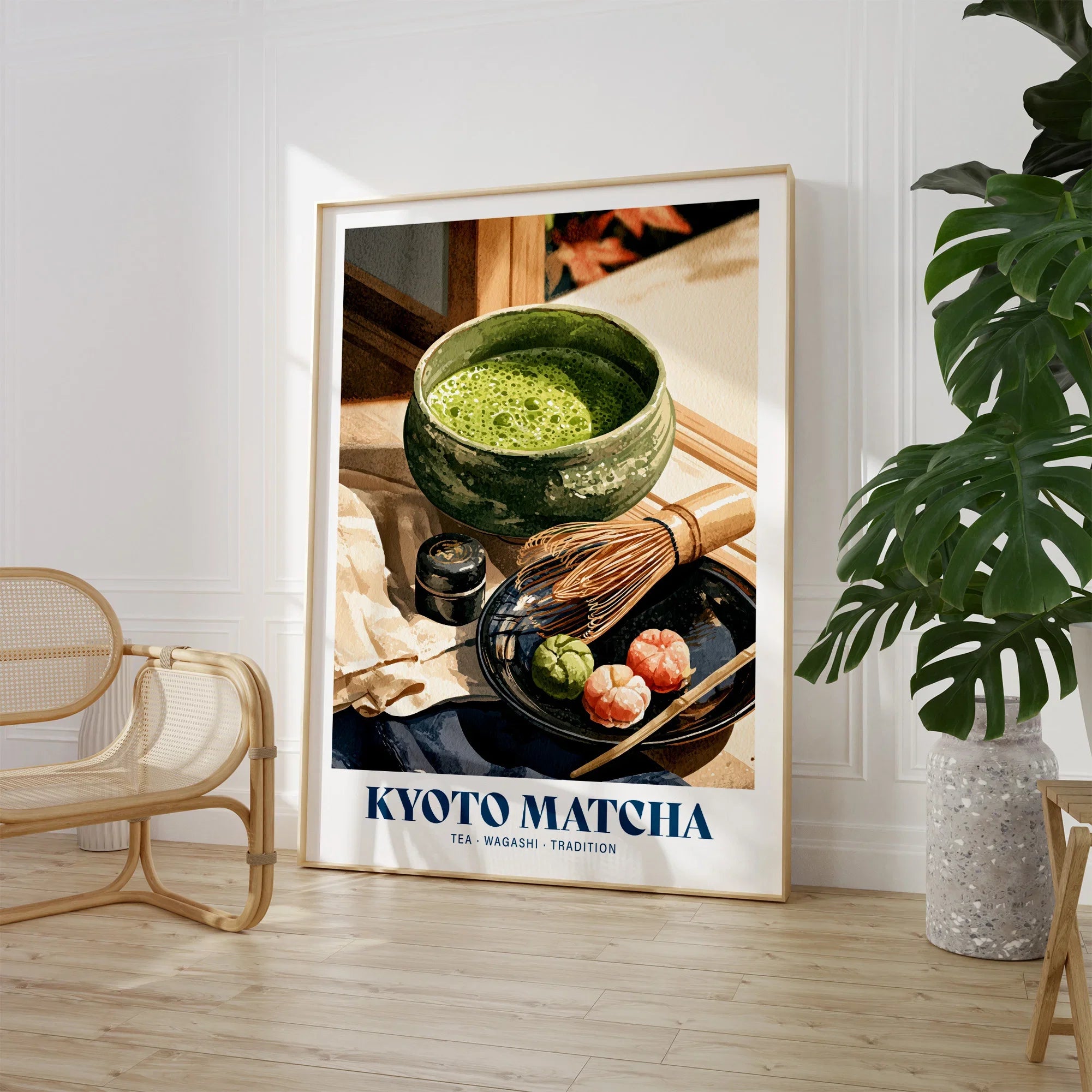Kyoto Matcha Japanese Kitchen Wall Art - large framed print room setting chair plant
