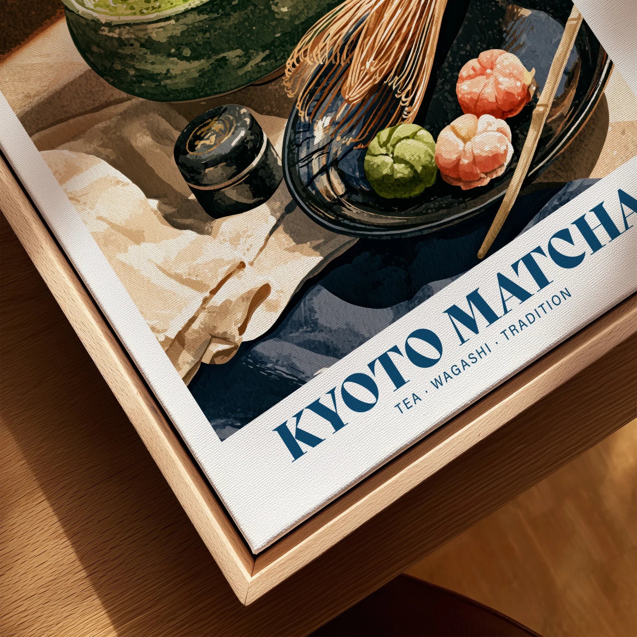 Kyoto Matcha Japanese Kitchen Wall Art - closeup framed canvas natural wood floating frame