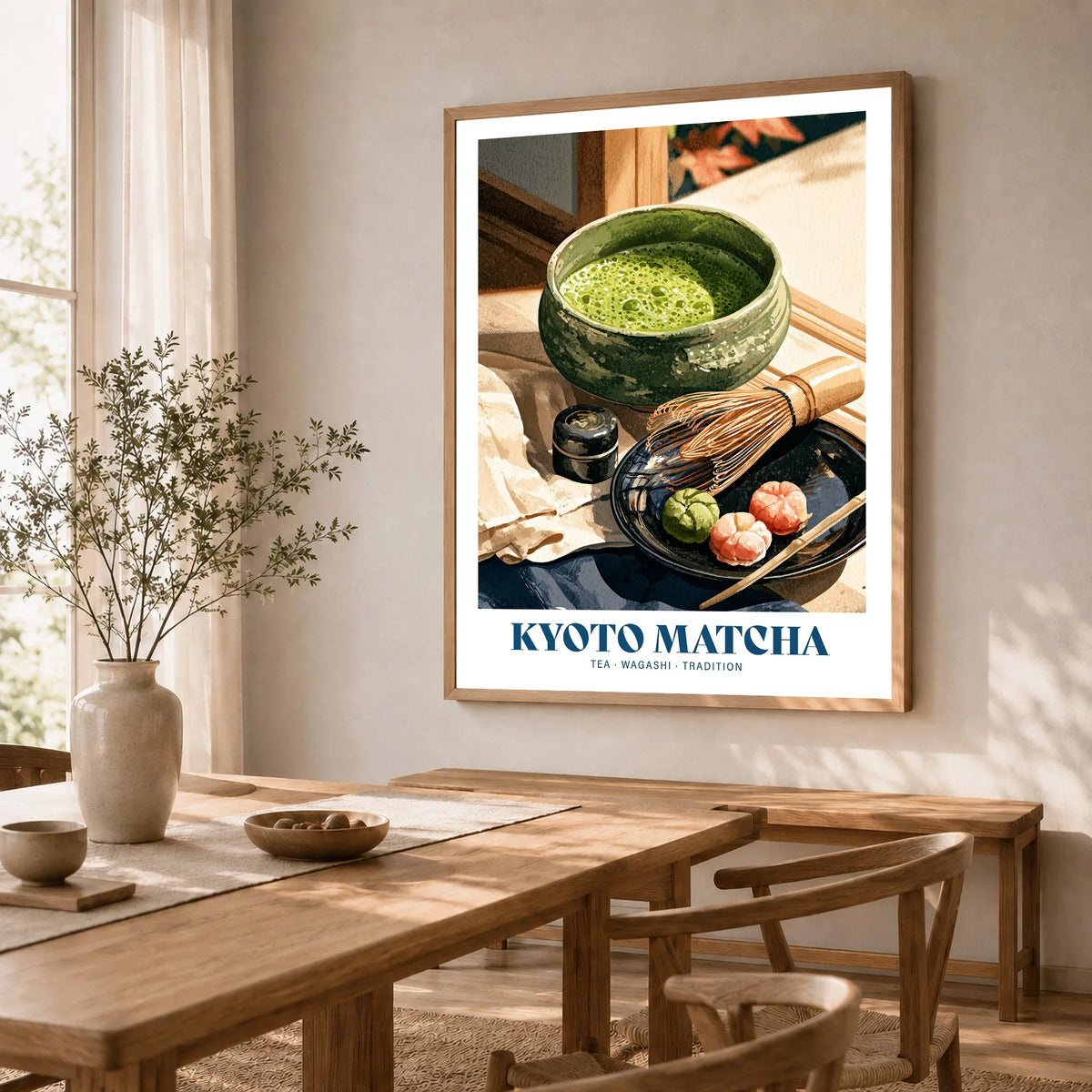 Kyoto Matcha Japanese Kitchen Wall Art - dining room framed print natural wood frame mockup ThisArtWorld