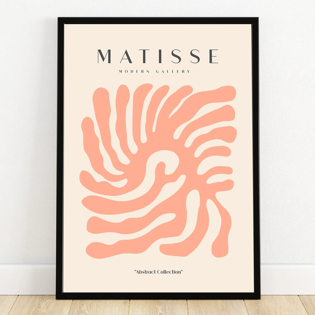 Modern abstract art print with coral organic shapes in black frame, minimalist wall decor