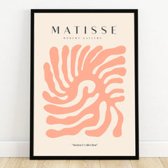 Modern abstract art print with coral organic shapes in black frame, minimalist wall decor