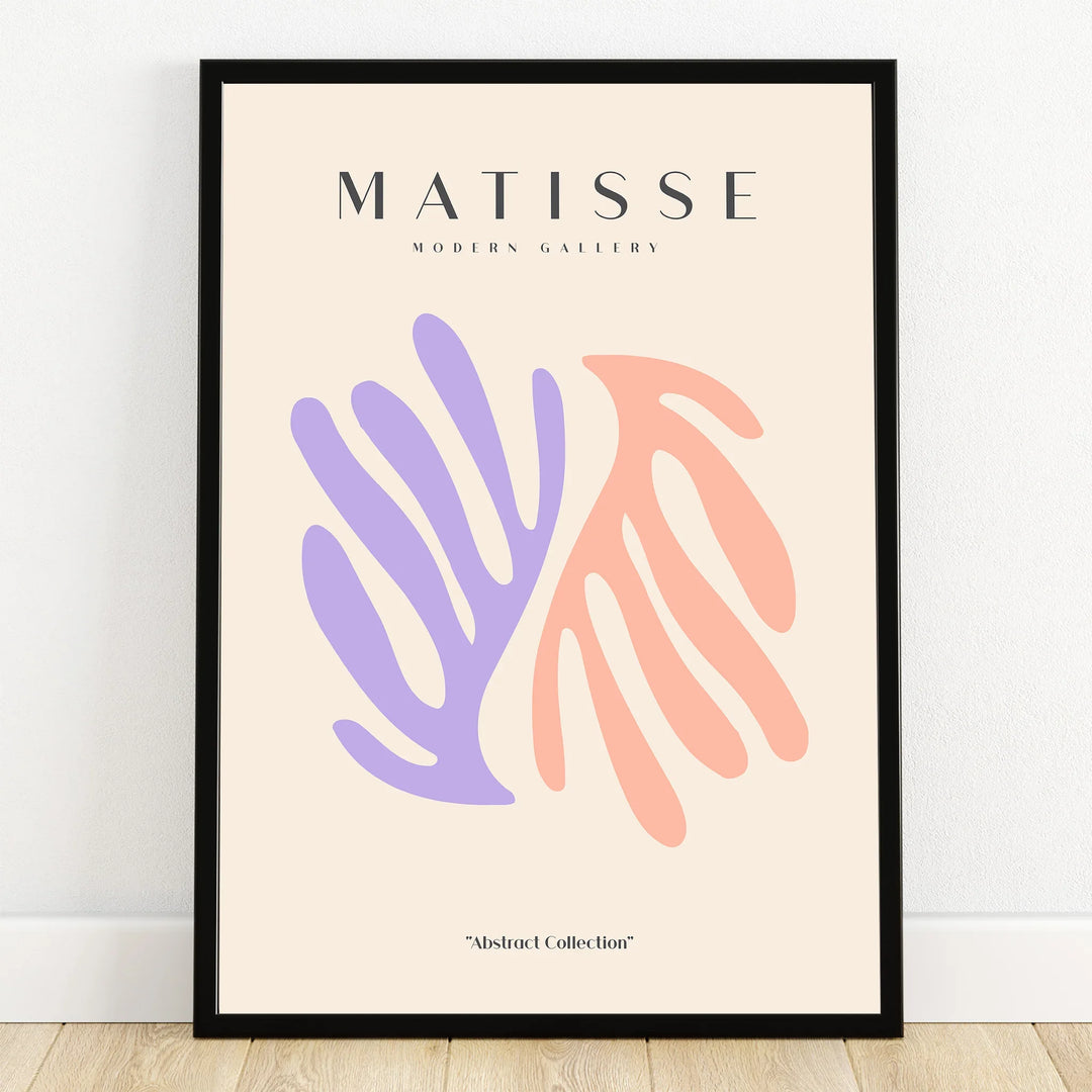 Framed abstract art print with pastel purple and peach shapes on beige background