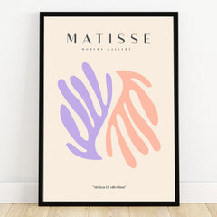 Framed abstract art print with pastel purple and peach shapes on beige background