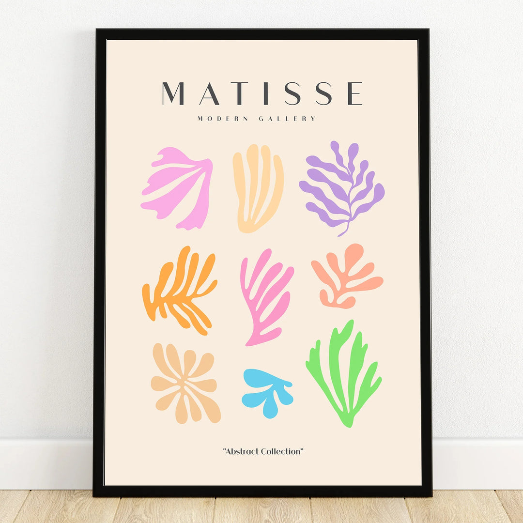 Modern abstract wall art print with colorful organic shapes in black frame