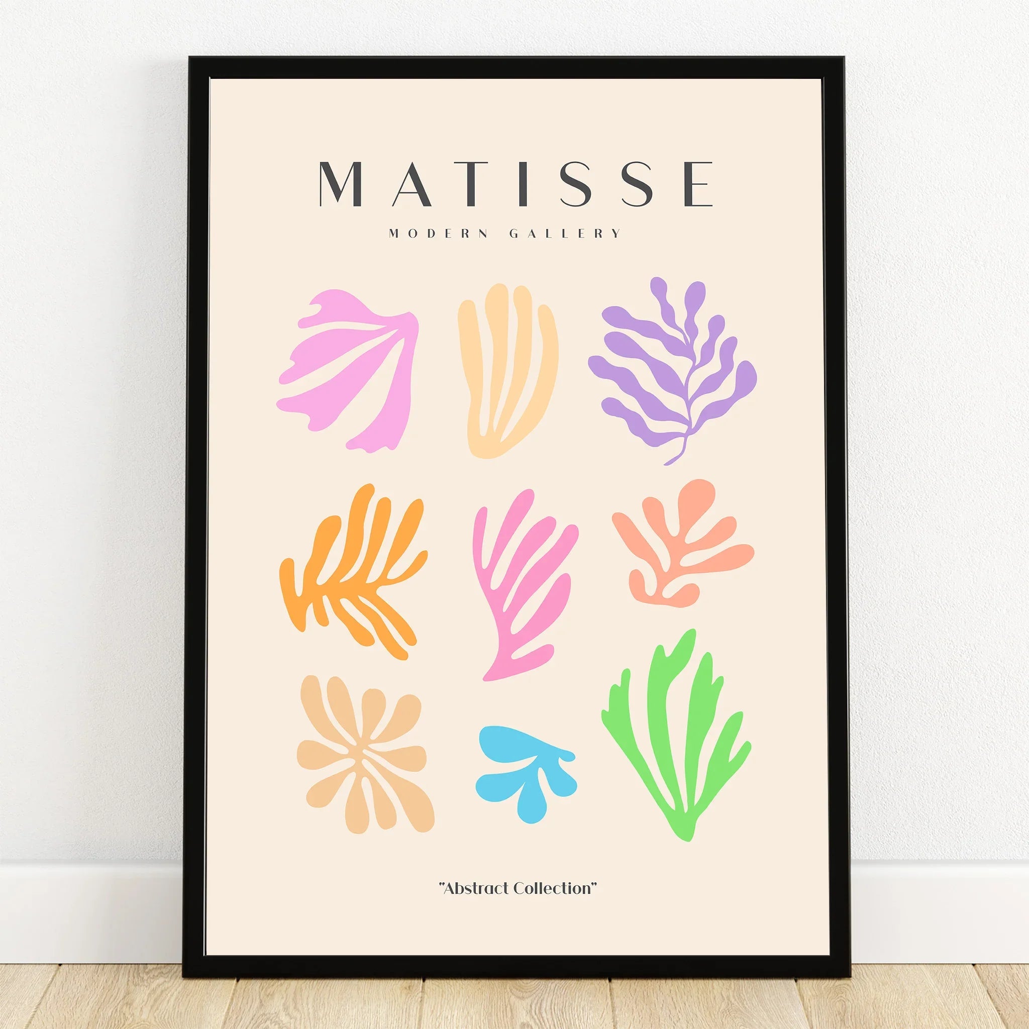 Modern abstract wall art print with colorful organic shapes in black frame