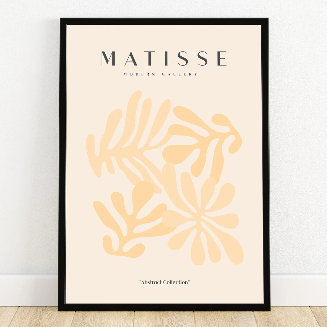 Framed abstract art poster with beige and yellow cutout shapes, minimalist wall decor