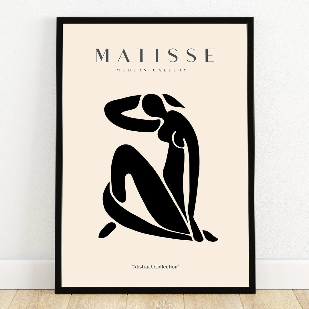 Minimalist Matisse-style abstract wall art print with black figure in black frame