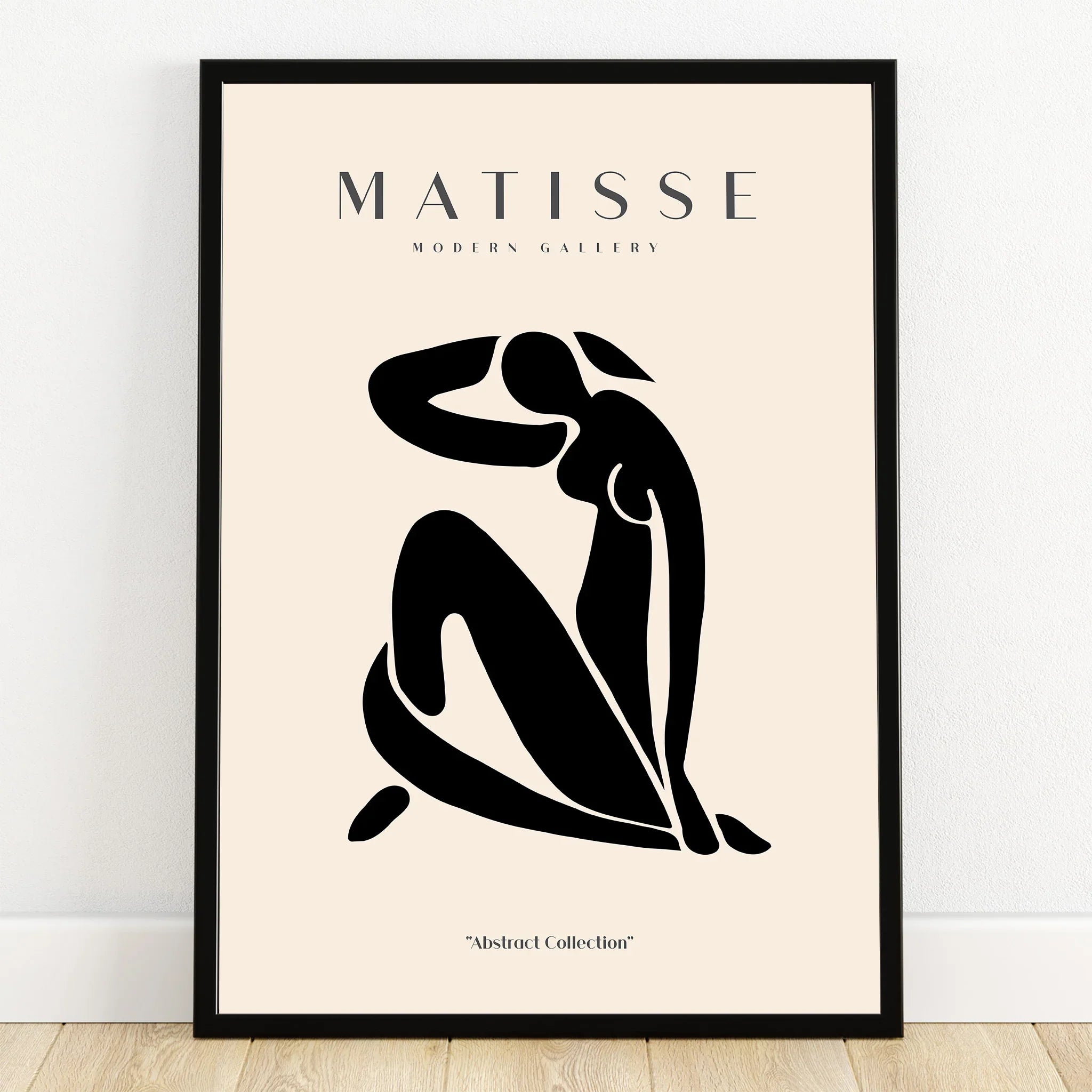 Minimalist Matisse-style abstract wall art print with black figure in black frame