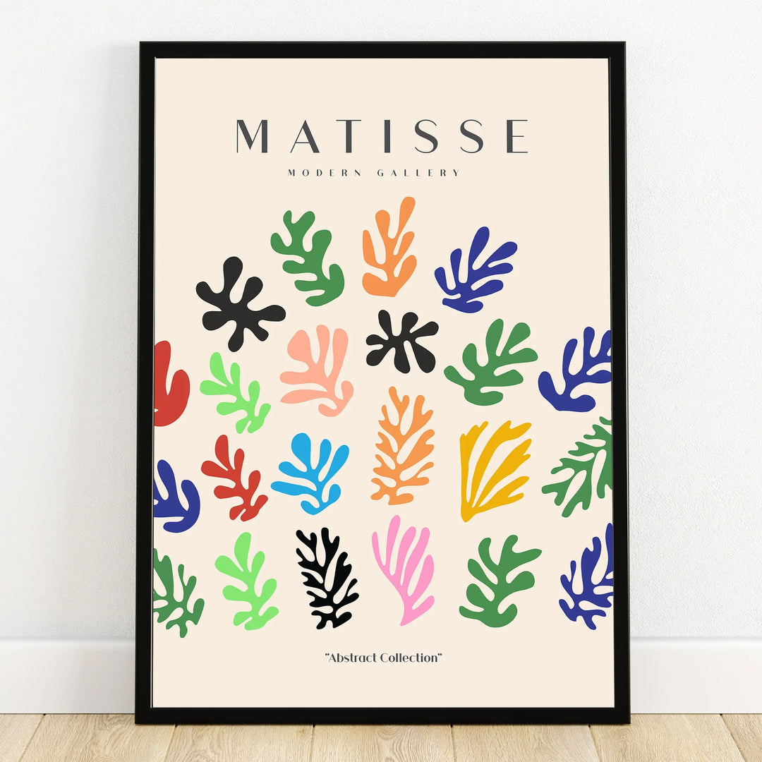 Framed abstract wall art poster with colorful leaf shapes inspired by Matisse, modern decor