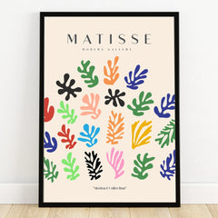 Framed abstract wall art poster with colorful leaf shapes inspired by Matisse, modern decor