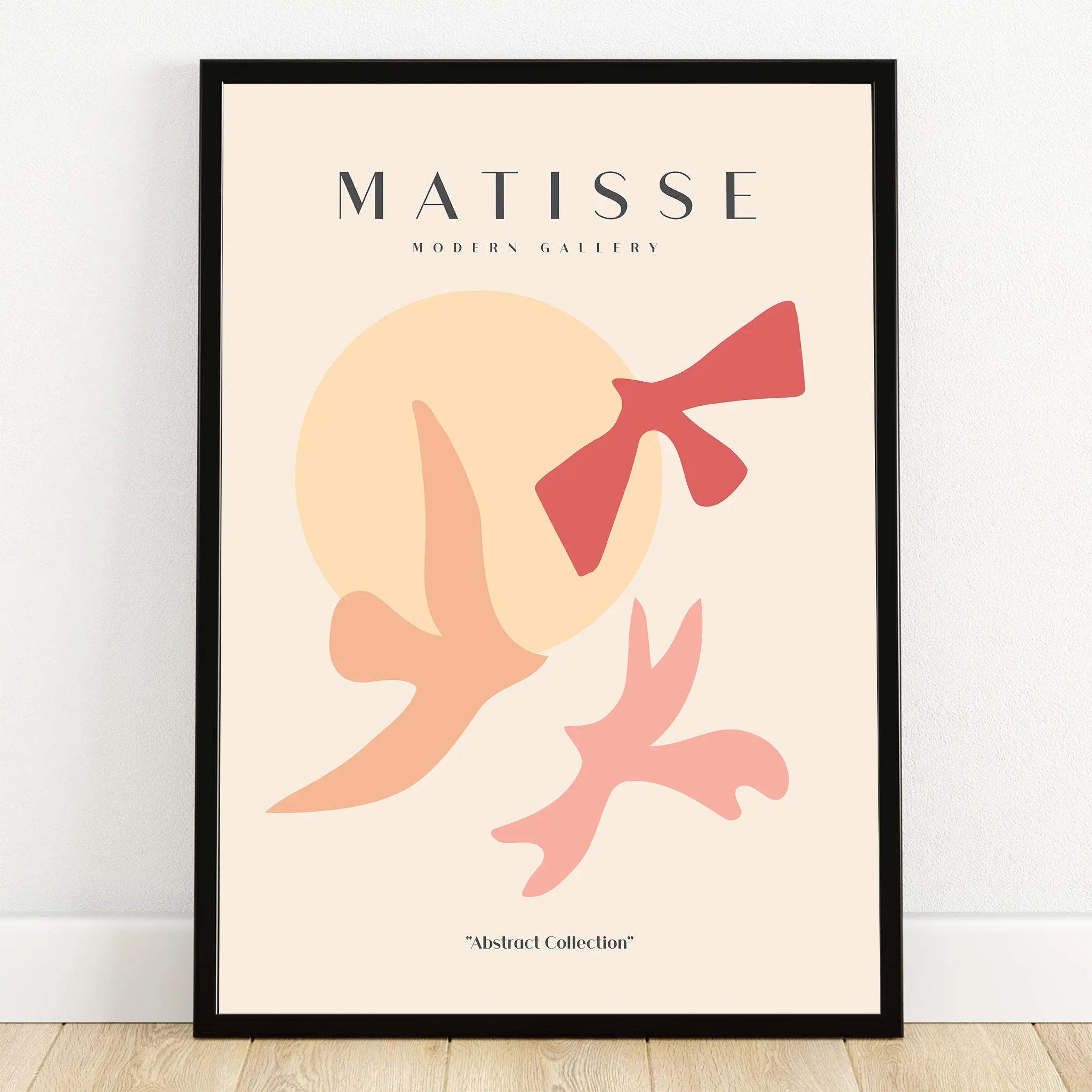 Modern abstract wall art print with colorful organic shapes, black frame, minimalist decor