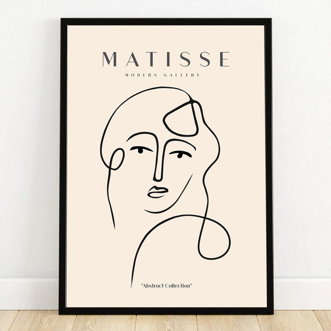 Minimalist abstract line art print in black frame, modern face illustration wall art