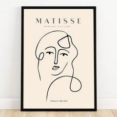 Minimalist abstract line art print in black frame, modern face illustration wall art