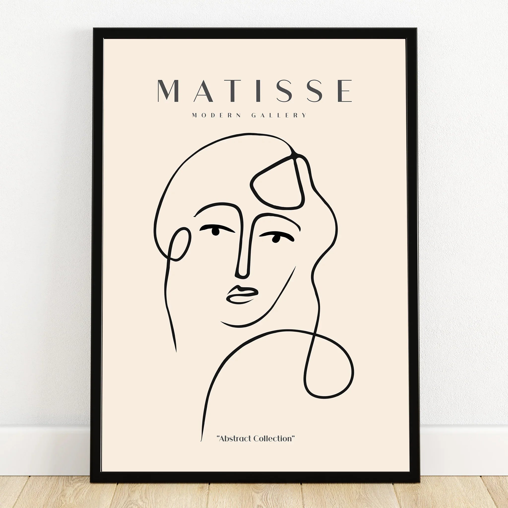 Minimalist abstract line art print in black frame, modern face illustration wall art
