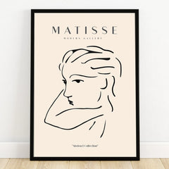 Minimalist abstract line art portrait poster in black frame, modern wall decor