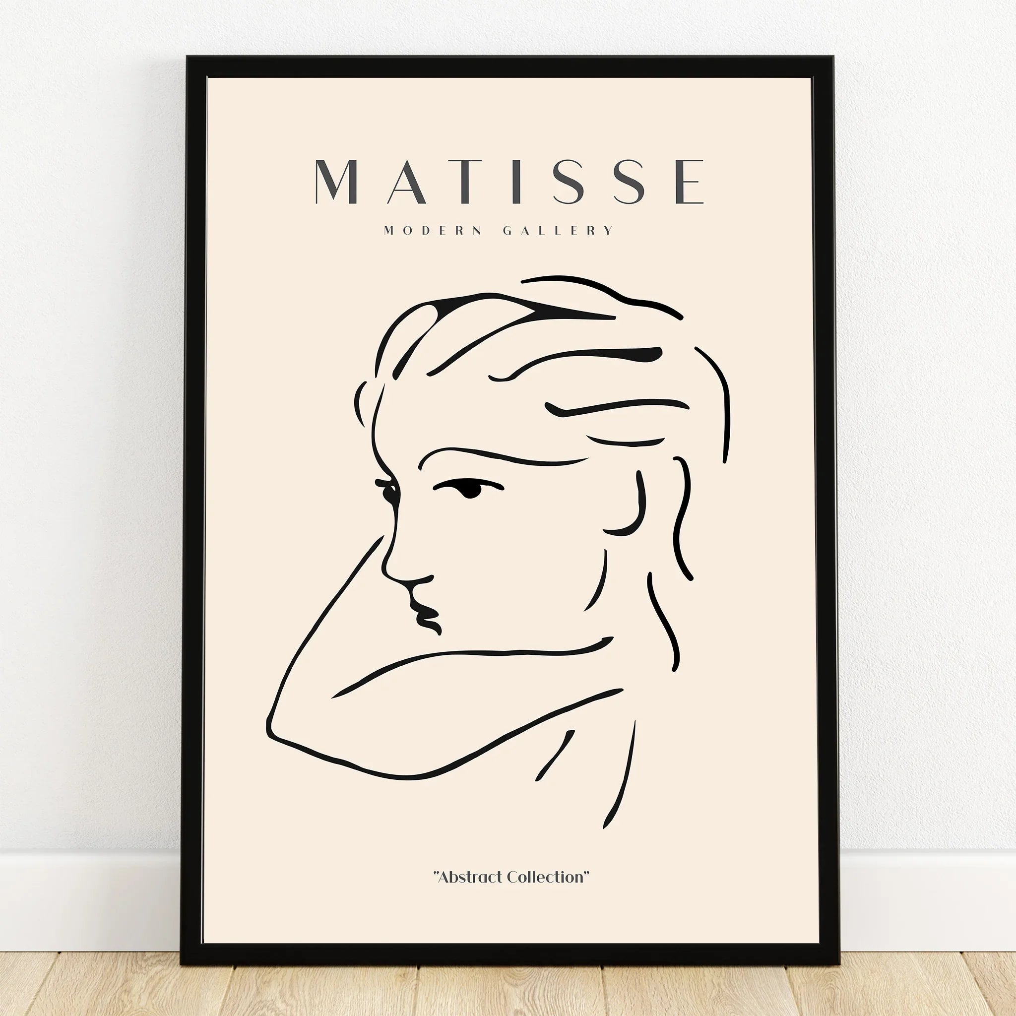 Minimalist abstract line art portrait poster in black frame, modern wall decor