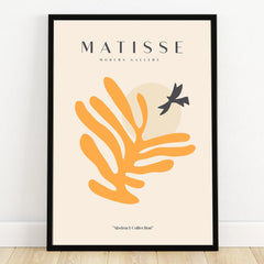 Abstract Matisse wall art print with orange leaf, black bird, modern minimalist decor