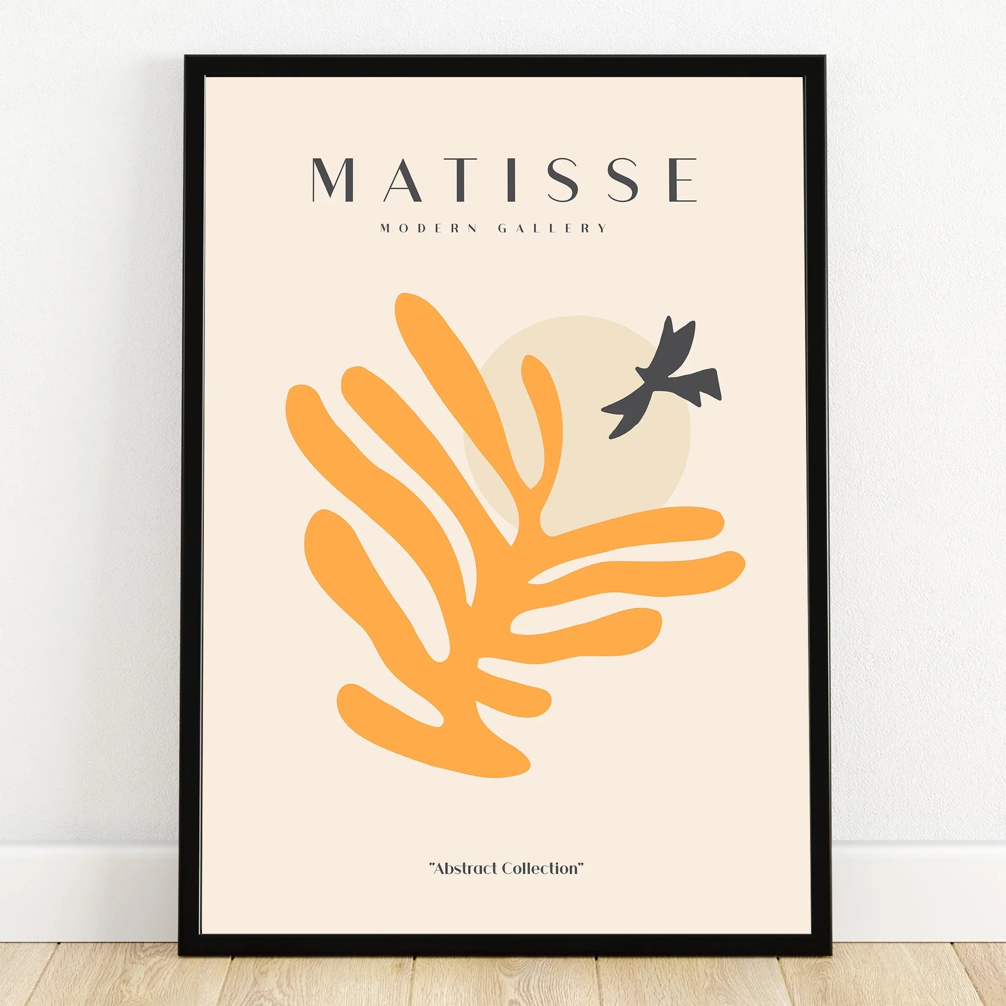 Abstract Matisse wall art print with orange leaf, black bird, modern minimalist decor