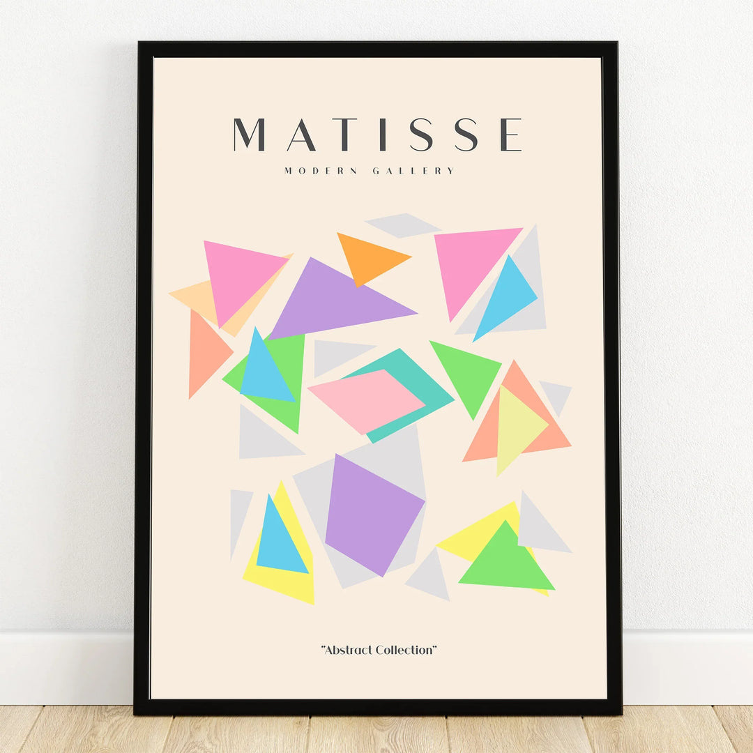Framed abstract art print with colorful geometric shapes and modern gallery text.