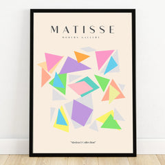 Framed abstract art print with colorful geometric shapes and modern gallery text.