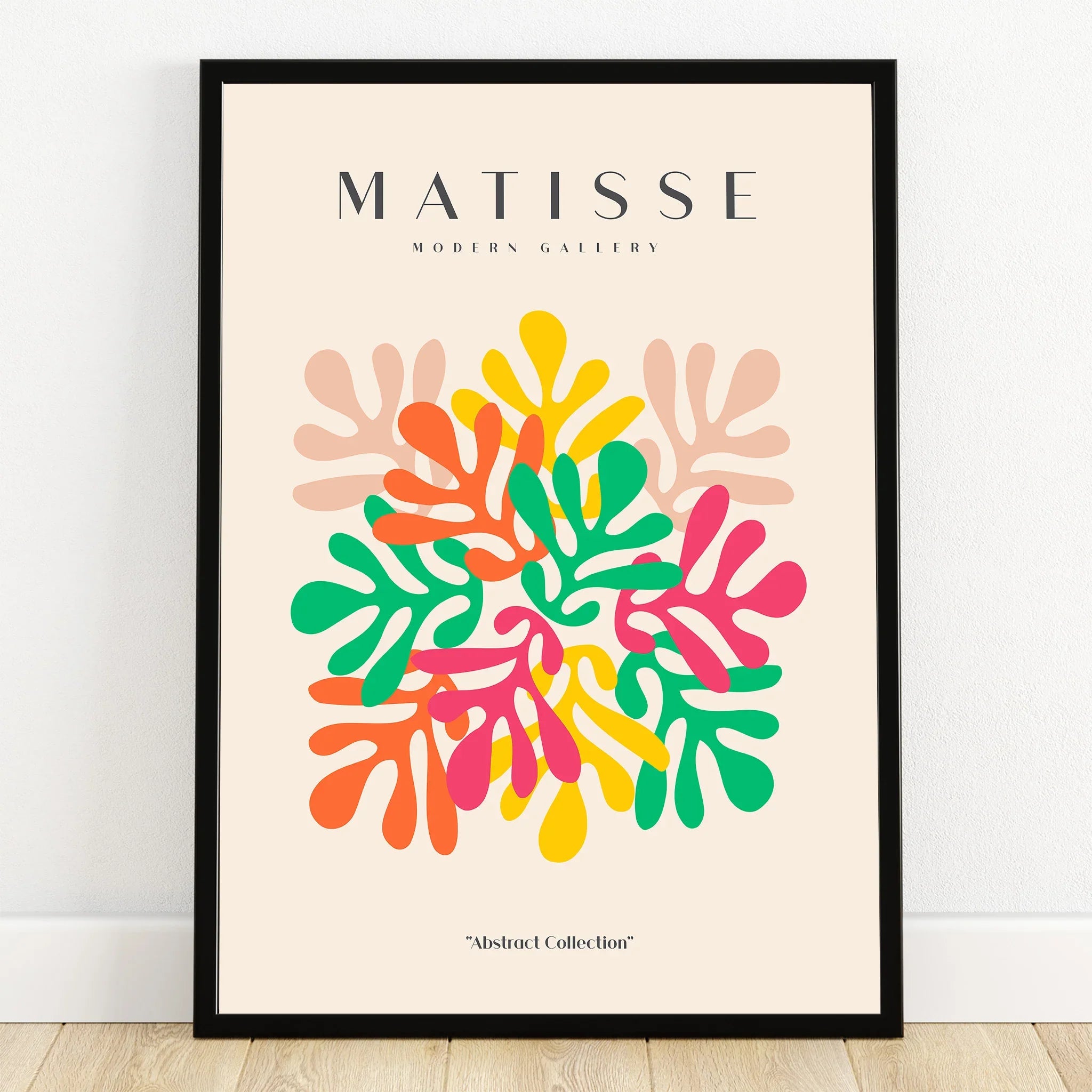 Colorful abstract wall art print with leaf shapes, framed, modern decor poster for home
