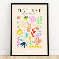 Colorful abstract wall art print with botanical shapes, framed and modern, on neutral background
