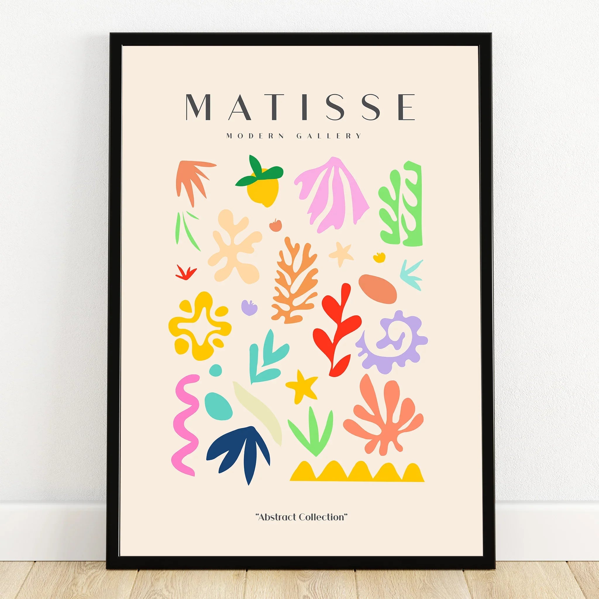 Colorful abstract wall art print with botanical shapes, framed and modern, on neutral background