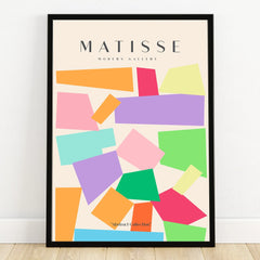 Framed abstract wall art print with colorful geometric shapes and Matisse lettering