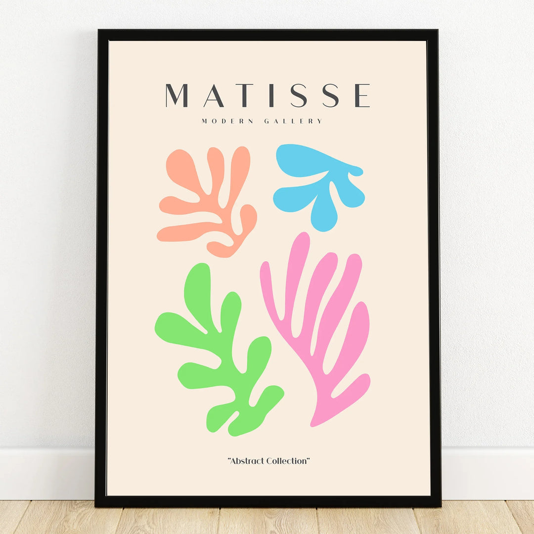 Framed abstract art print with colorful organic shapes on beige background, modern wall decor