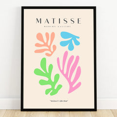Framed abstract art print with colorful organic shapes on beige background, modern wall decor