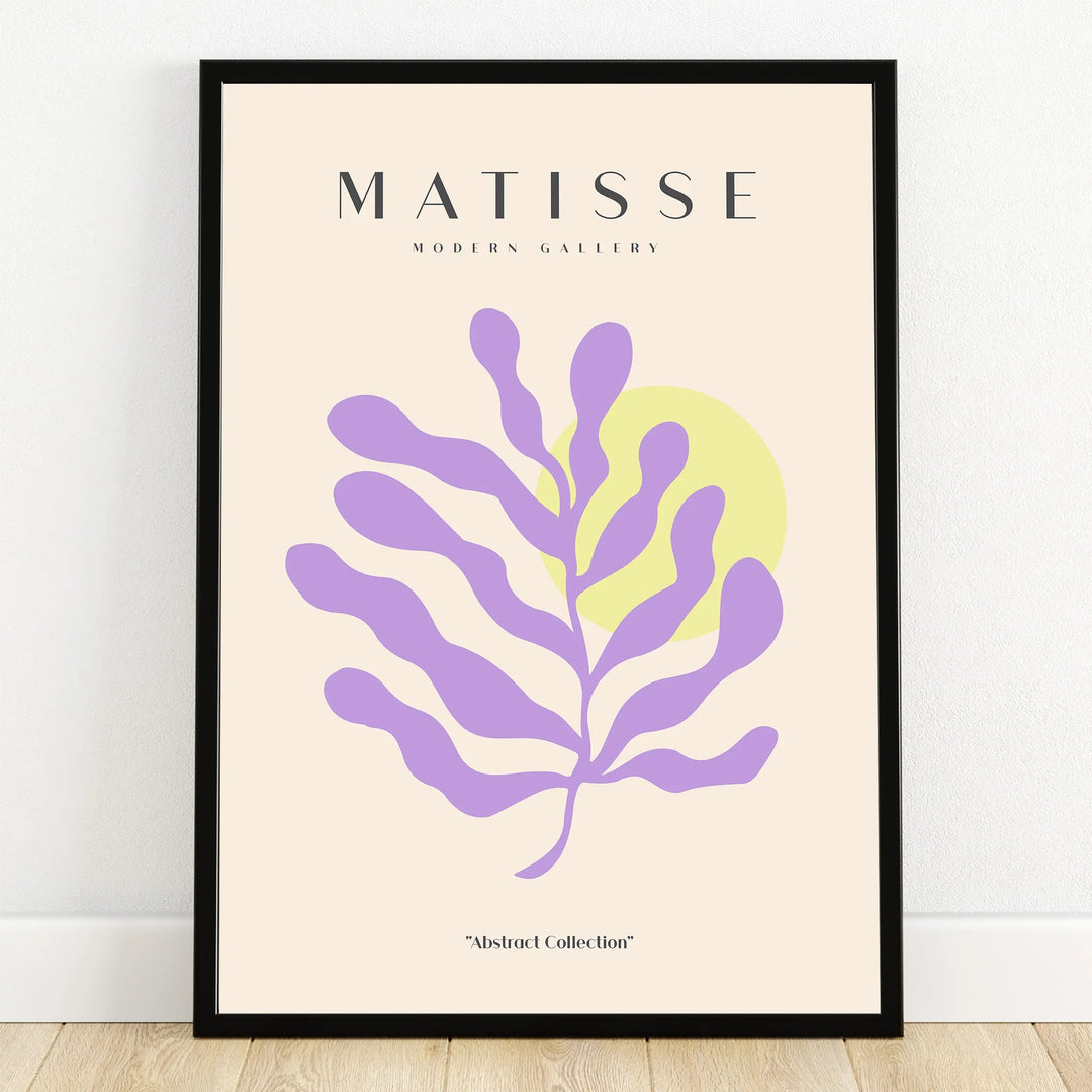 Modern abstract wall art poster with purple organic shape and yellow circle in black frame