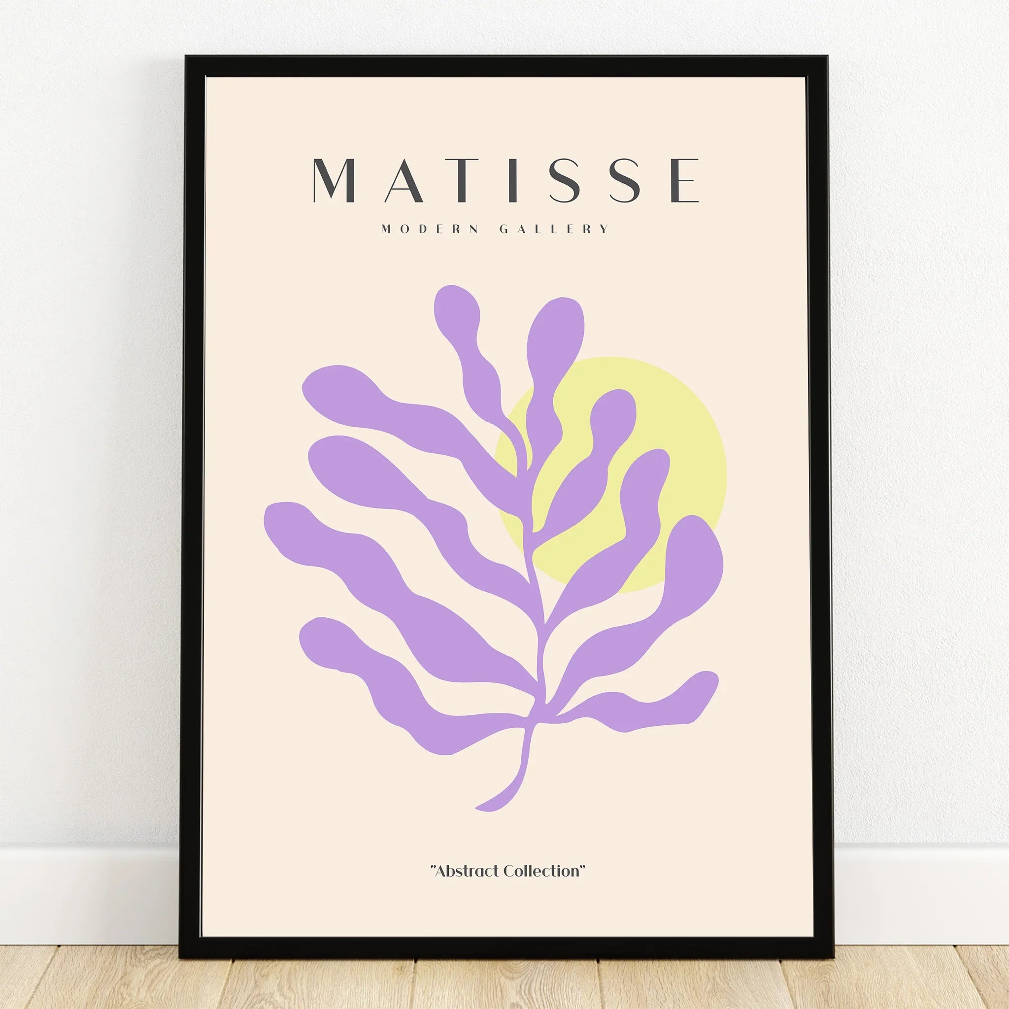Modern abstract wall art poster with purple organic shape and yellow circle in black frame