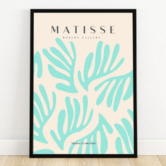 Framed abstract wall art print with turquoise organic leaf shapes on cream background