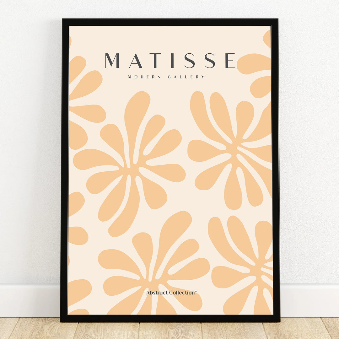 Framed abstract wall art print with beige Matisse-inspired floral shapes, modern home decor