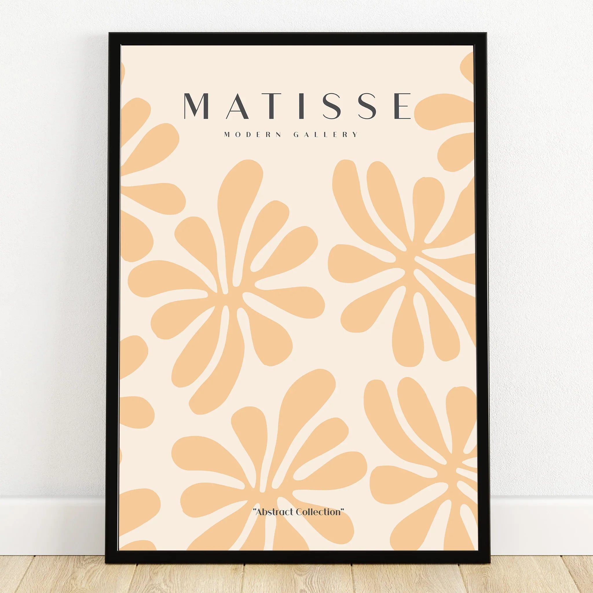 Framed abstract wall art print with beige Matisse-inspired floral shapes, modern home decor