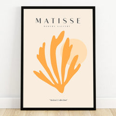 Framed Matisse-inspired abstract art print with orange leaf shape and sun, modern wall decor
