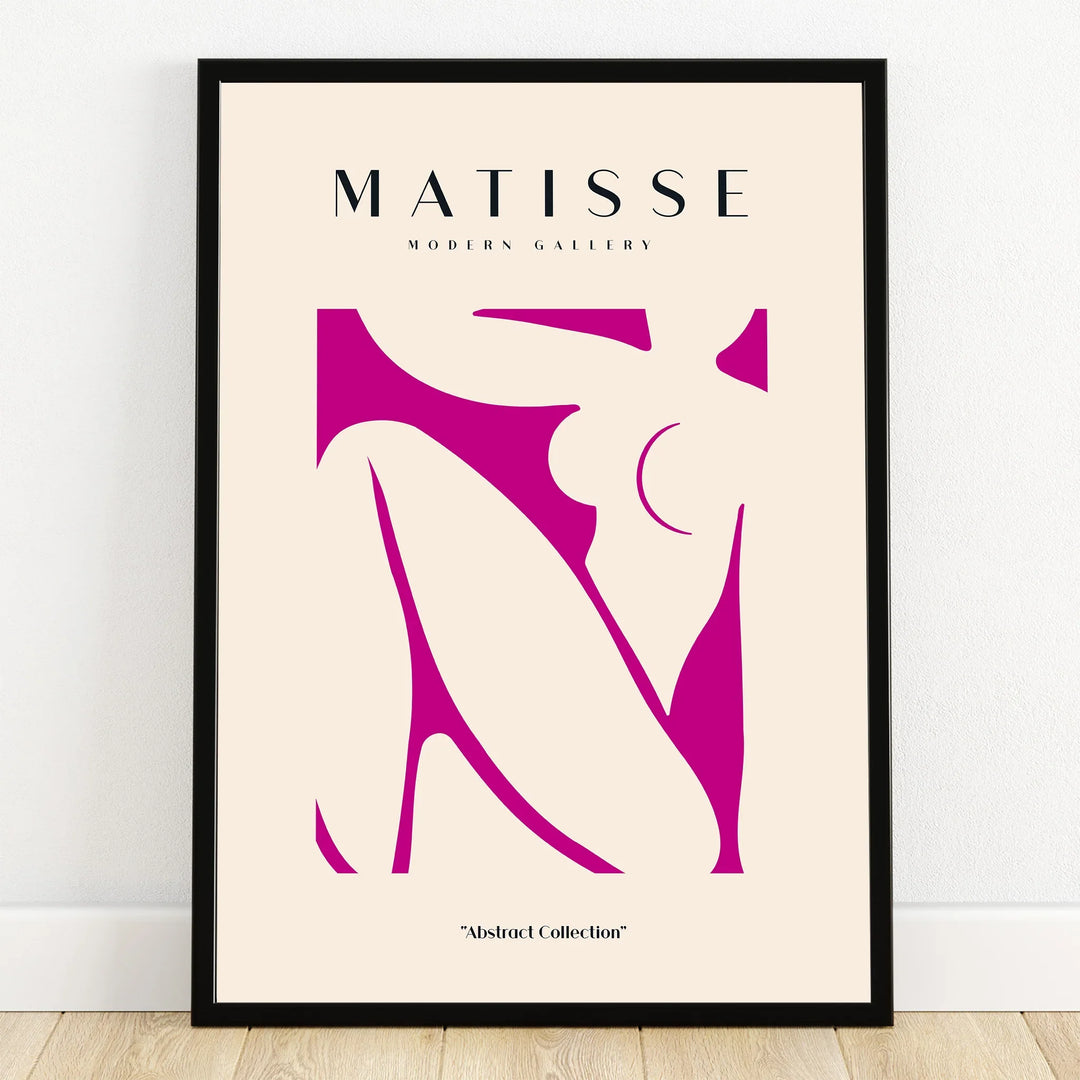 Minimalist abstract nude art print with bold magenta shapes in a black frame