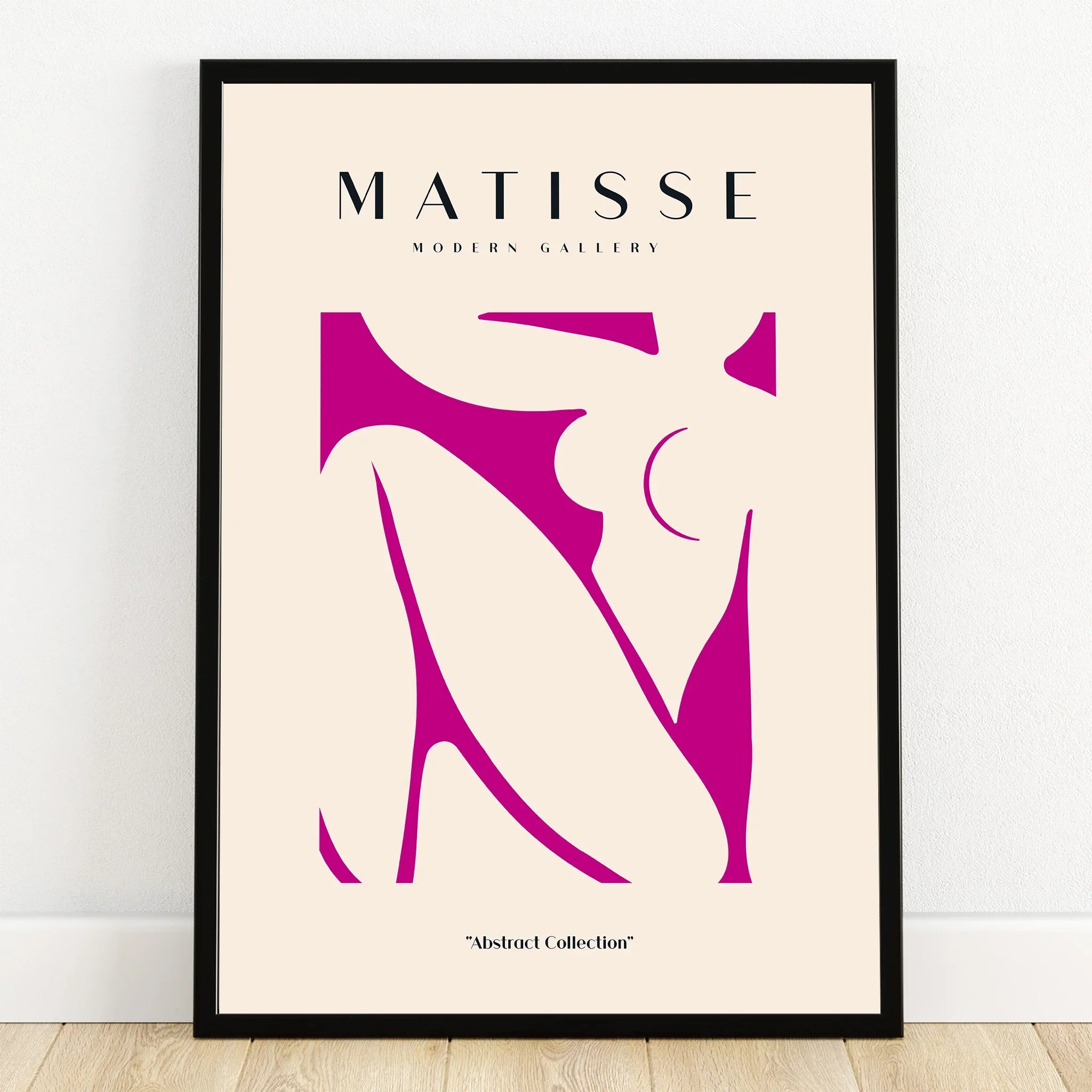 Minimalist abstract nude art print with bold magenta shapes in a black frame