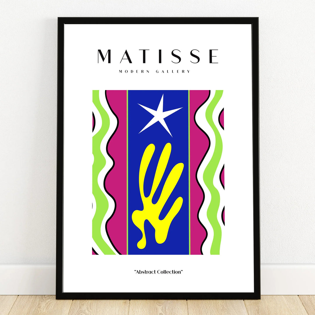 Colorful abstract art print with blue, yellow, green, and magenta shapes in black frame
