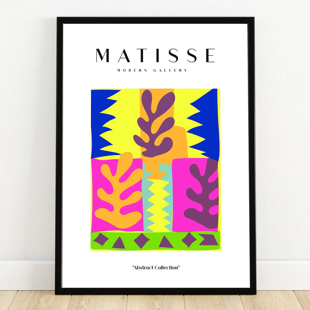 Colorful abstract art print in black frame, featuring bold shapes and modern design